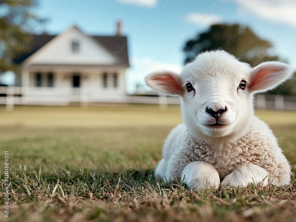 Fototapeta premium A small white lamb laying in the grass in front of a white house