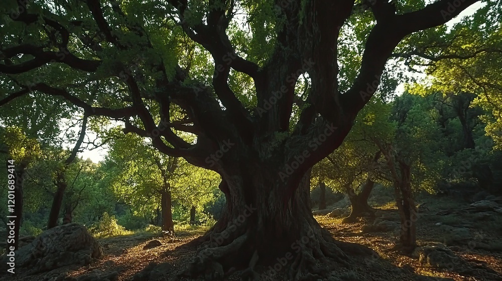 Ancient olive tree in sunlit grove, Mediterranean forest