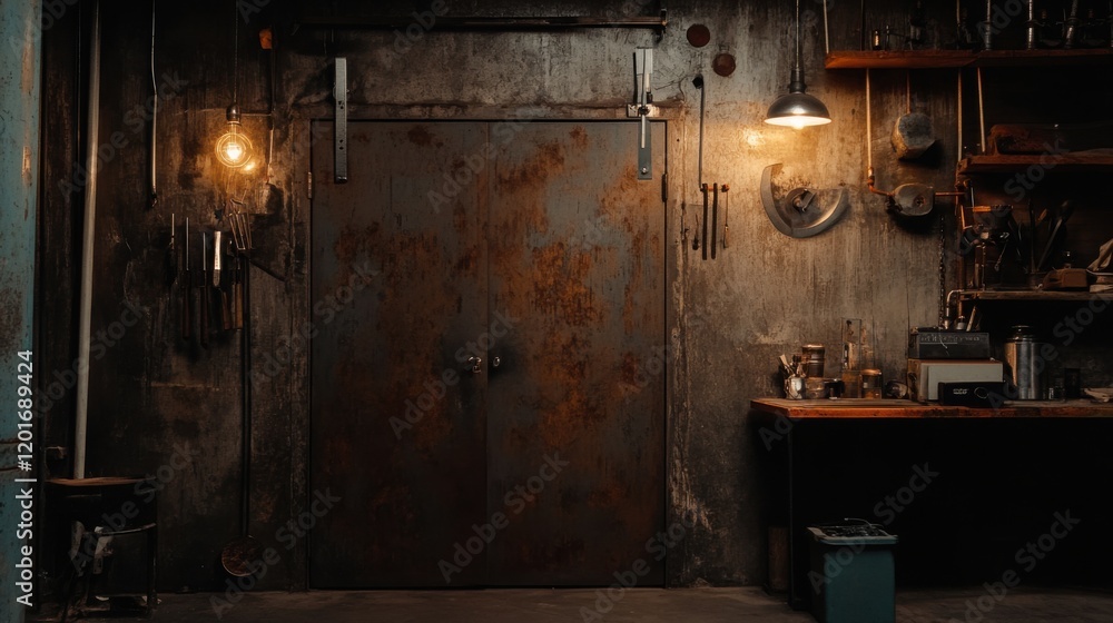 Rustic Industrial Workshop with Weathered Metal Door, Exposed Bulbs, and Wooden Shelves - A Perfect Setting for Creative Projects and Artisan Tools Rustic Industrial Workshop with Weathered Metal Door, Exposed Bulbs, and Wooden Shelves - A Perfect Setting for Creative Projects and Artisan Tools