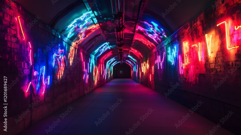 Neon Lights Illuminate Brick Tunnel Walls Neon Lights Illuminate Brick Tunnel Walls