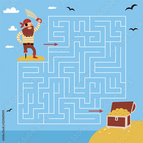Pirate maze, labyrinth, game for kids .Help the pirate find the way to the treasure.Vector flat cartoon illustration