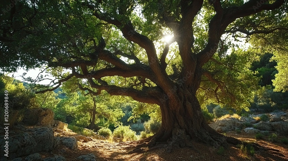 Ancient oak tree in sunlit forest, peaceful landscape, nature background, for websites or publications Ancient oak tree in sunlit forest, peaceful landscape, nature background, for websites or publications