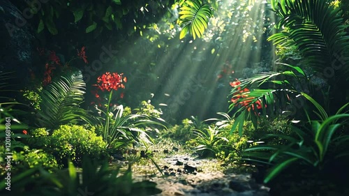 Sunbeams Illuminate Lush Jungle Path, Tranquil Paradise