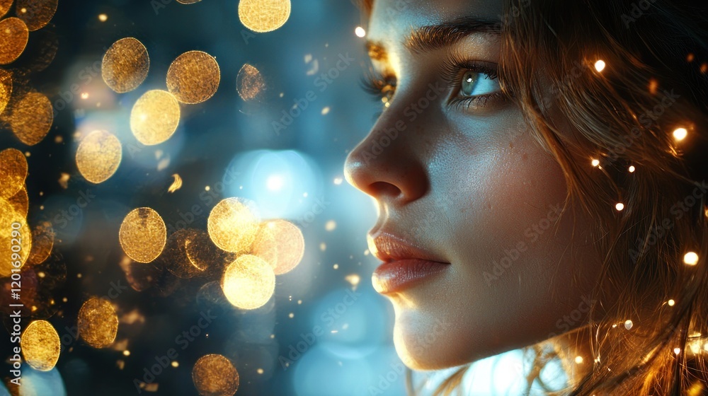 Woman's profile, glowing lights, night. Woman's profile, glowing lights, night.