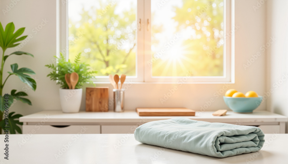Tidy kitchen with folded dusting cloth, bright morning freshness . Great housekeeping, clean and tidy. Tidy kitchen with folded dusting cloth, bright morning freshness . Great housekeeping, clean and tidy.