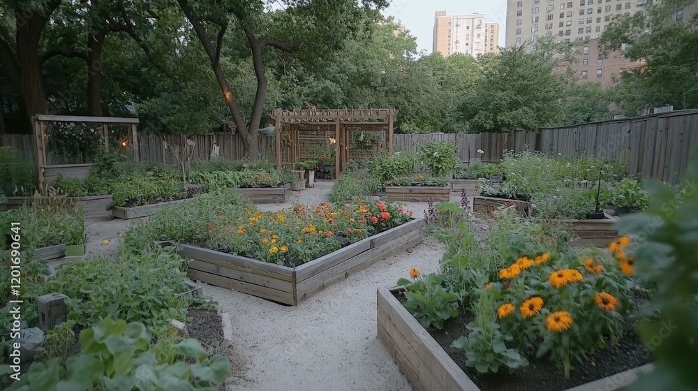 Urban garden oasis, raised beds, city backdrop, evening light, community gardening Urban garden oasis, raised beds, city backdrop, evening light, community gardening