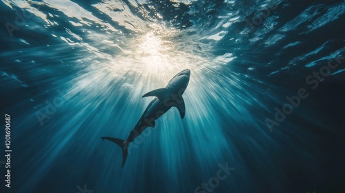 Majestic great white shark silhouetted against sunlit ocean surface.