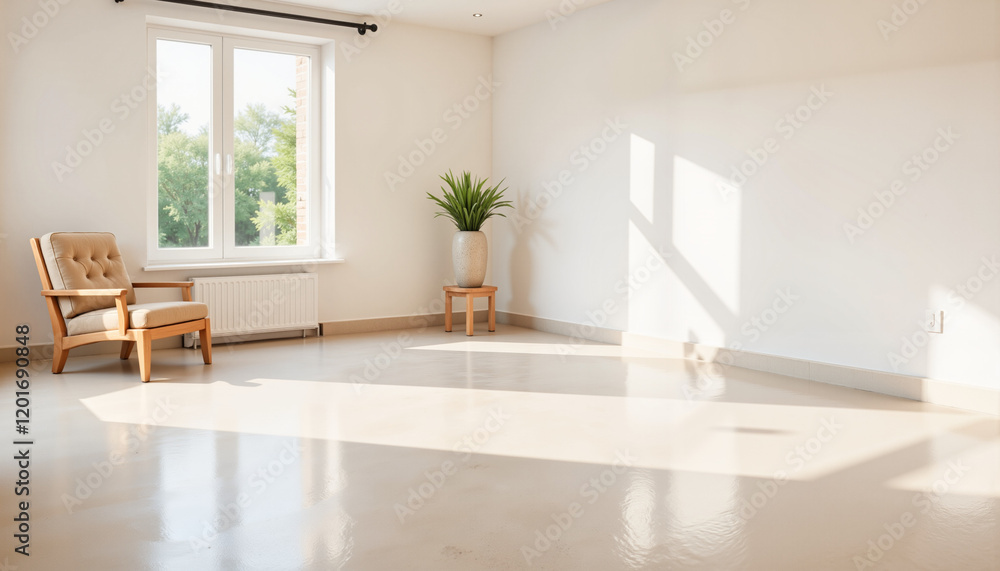 Minimalist living room with polished floor and afternoon light, serene space. Great housekeeping, clean and tidy. Minimalist living room with polished floor and afternoon light, serene space. Great housekeeping, clean and tidy.