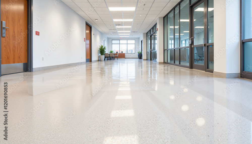 Modern minimalist hallway with polished floor, professional atmosphere. Great housekeeping, clean and tidy. Modern minimalist hallway with polished floor, professional atmosphere. Great housekeeping, clean and tidy.