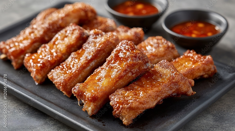 Serving of crispy fried Peking ribs coated sweet and sour sauce Serving of crispy fried Peking ribs coated sweet and sour sauce