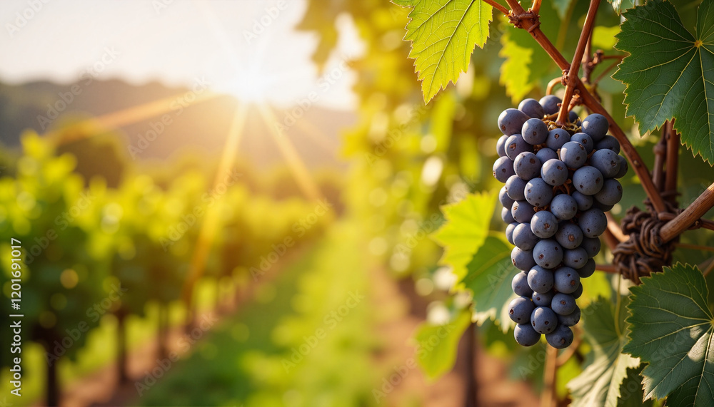 Fototapeta premium Grapes on vine with sunlight in vineyard