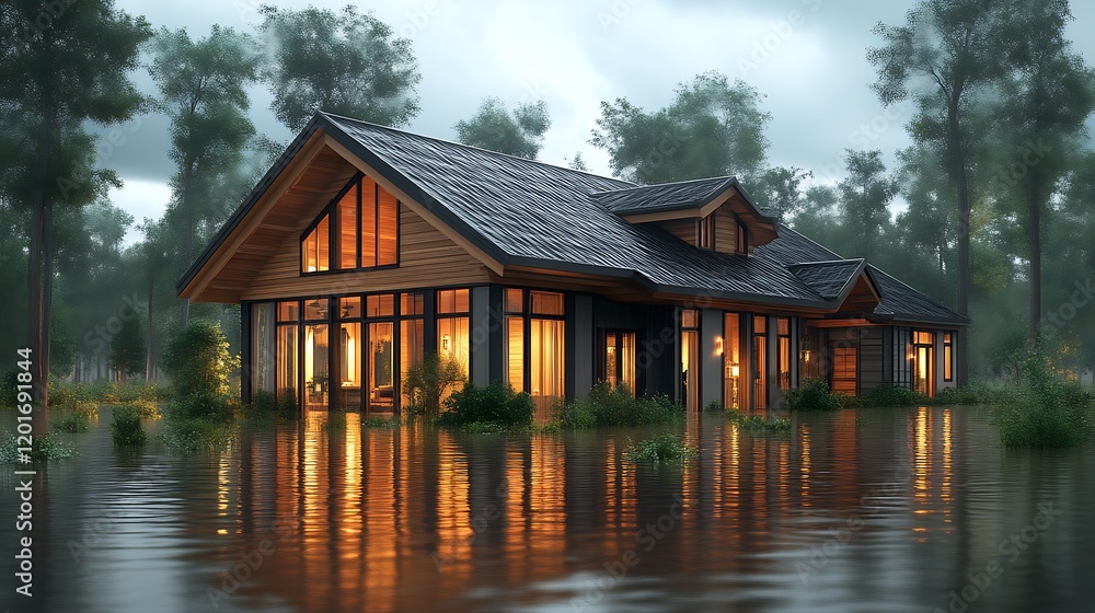 Fototapeta premium Modern Wooden House Flooded in Forest Setting