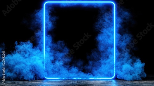 Abstract, blue neon-illuminated square frame with smoke on a black background. A glowing square frame in the middle of a room, with empty space inside the rectangle for product presentation. photo