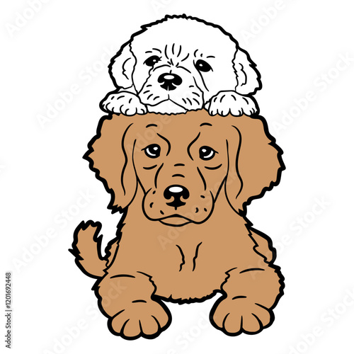 2 Puppies Dogs Lying On Each Other Two Friends Duo Design Lover Art Vector Illustration Card T-Shirt Poster Sticker Graphic Print Decorative Drawing Isolated Logo Decoration Symbol Creative Cool Style