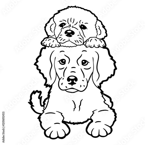 2 Puppies Dogs Lying On Each Other Two Friends Duo Design Lover Art Vector Illustration Card T-Shirt Poster Sticker Graphic Print Decorative Drawing Isolated Logo Decoration Symbol Creative Cool Style