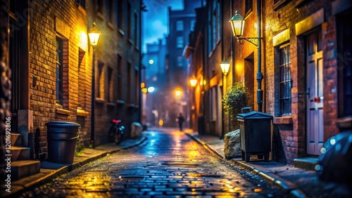 Spooky urban night scene: a ghostly apparition haunts a miniature alleyway, eerily lit.