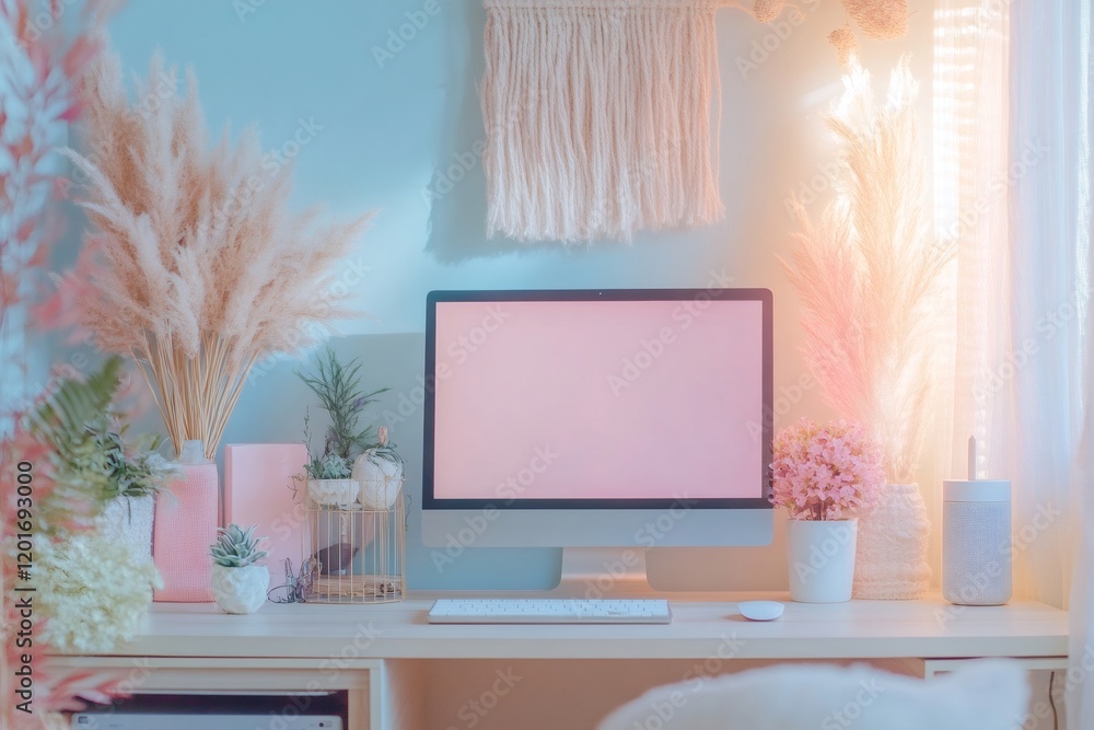 Modern pastel feminine home office setup featuring computer with blank screen Modern pastel feminine home office setup featuring computer with blank screen
