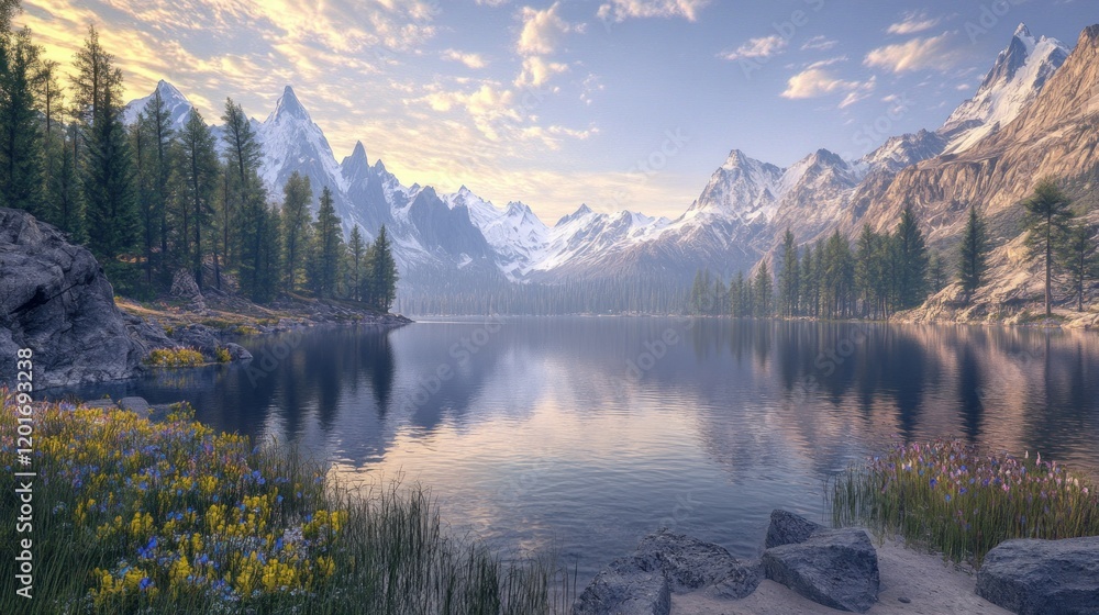 A tranquil mountain lake surrounded by snow-capped peaks, with crystal clear water reflecting the clear sky background wallpaper AI generated image A tranquil mountain lake surrounded by snow-capped peaks, with crystal clear water reflecting the clear sky background wallpaper AI generated image