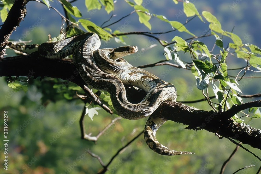 An emerald boa constrictor coiled around a tree branch, its scales shimmering in the sunlight. An emerald boa constrictor coiled around a tree branch, its scales shimmering in the sunlight.