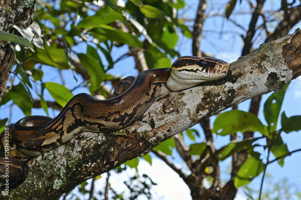 Naklejka premium An emerald boa constrictor coiled around a tree branch, its scales shimmering in the sunlight.