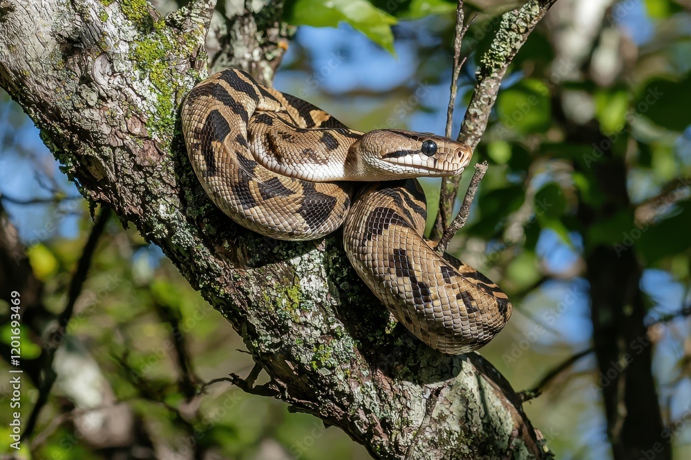 Fototapeta premium An emerald boa constrictor coiled around a tree branch, its scales shimmering in the sunlight.