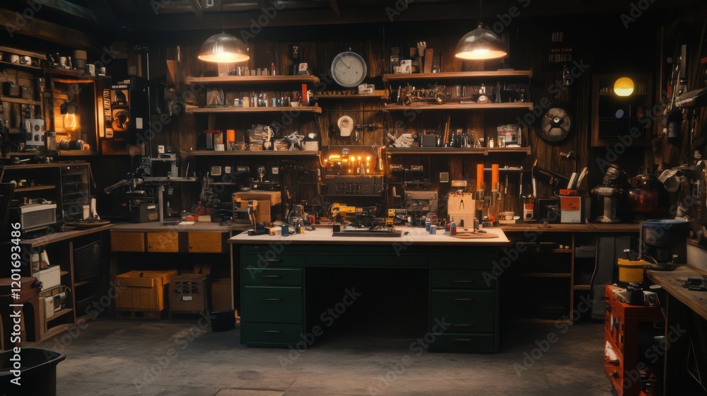Rustic Workshop Interior with Tools, Shelves, and Workbench Surrounded by Vintage Equipment and Warm Lighting Creating a Cozy Atmosphere Rustic Workshop Interior with Tools, Shelves, and Workbench Surrounded by Vintage Equipment and Warm Lighting Creating a Cozy Atmosphere
