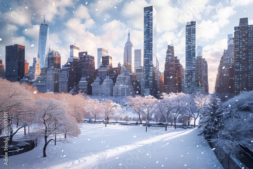 Snow winter in New York city. Urban skyline landscape. Manhattan picturesque aerial view on park and skyscrapers