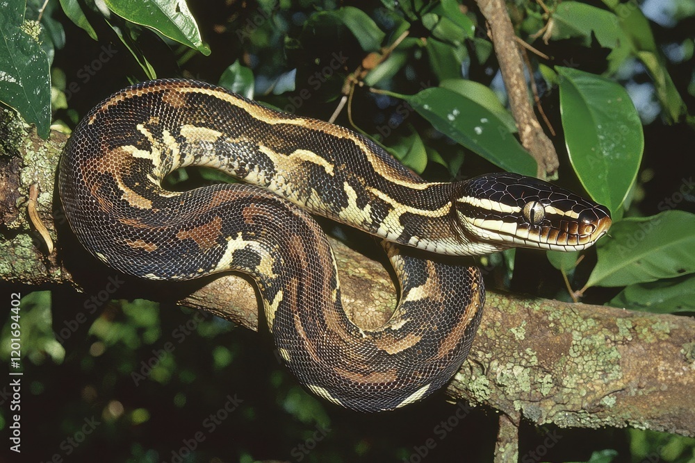Naklejka premium An emerald boa constrictor coiled around a tree branch, its scales shimmering in the sunlight.
