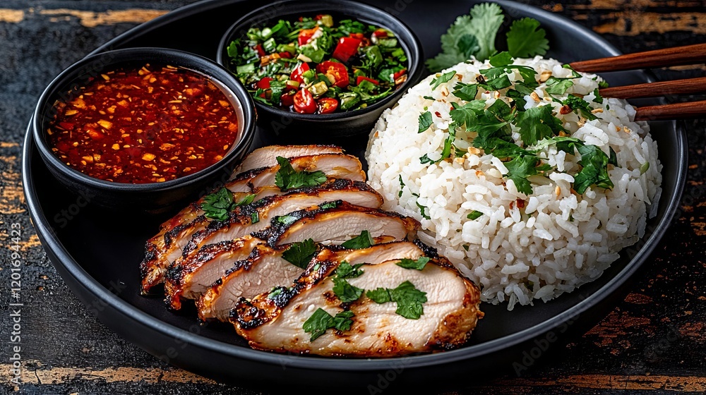 A black plate topped with rice chicken and vegetables A black plate topped with rice chicken and vegetables