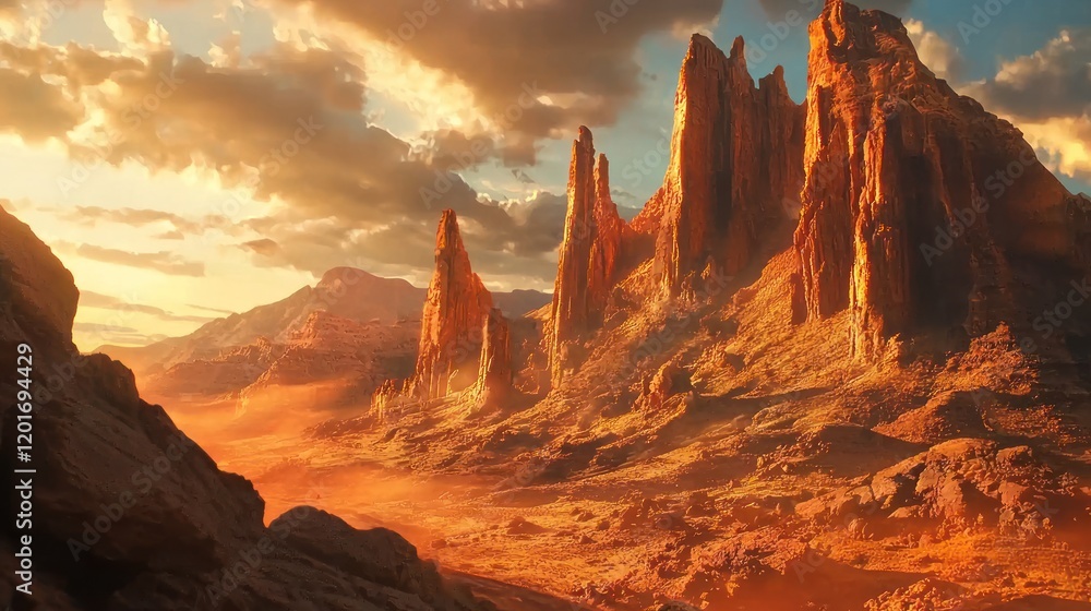Naklejka premium Majestic sunset over dramatic sandstone formations in a vast desert landscape.