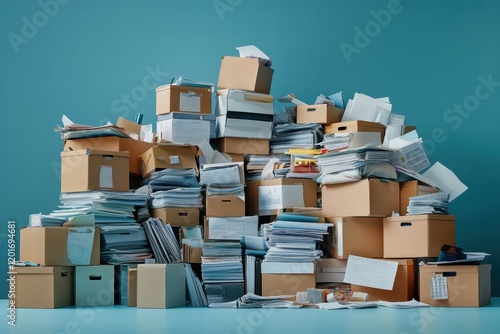 Overwhelmed with Paperwork: Chaotic Stack of File Folders and Documents Overflowing from Boxes in Minimal Office Setting