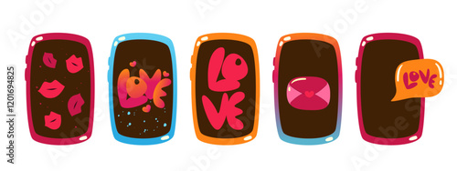 Mobile phones with speech bubbles, the word love, hearts, and kisses.Love message, happy Valentine's Day, wedding, declaration of love.Vector illustration.