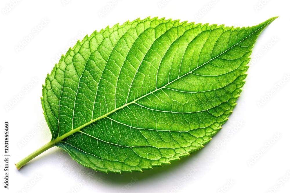 Obraz premium Stunning aerial drone photography captures a single, lush green leaf against a pure white backdrop. High resolution.