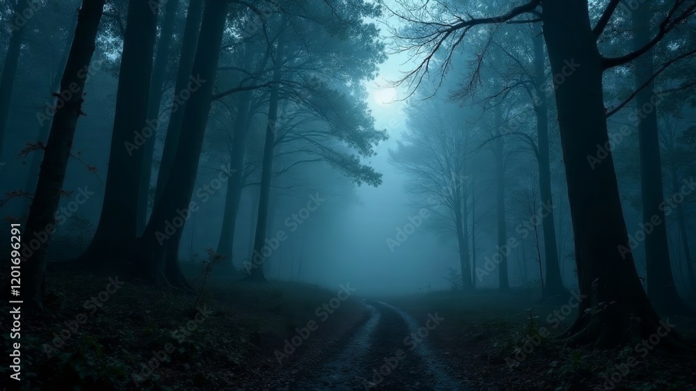 Naklejka premium Hiking trail in foggy forest at night