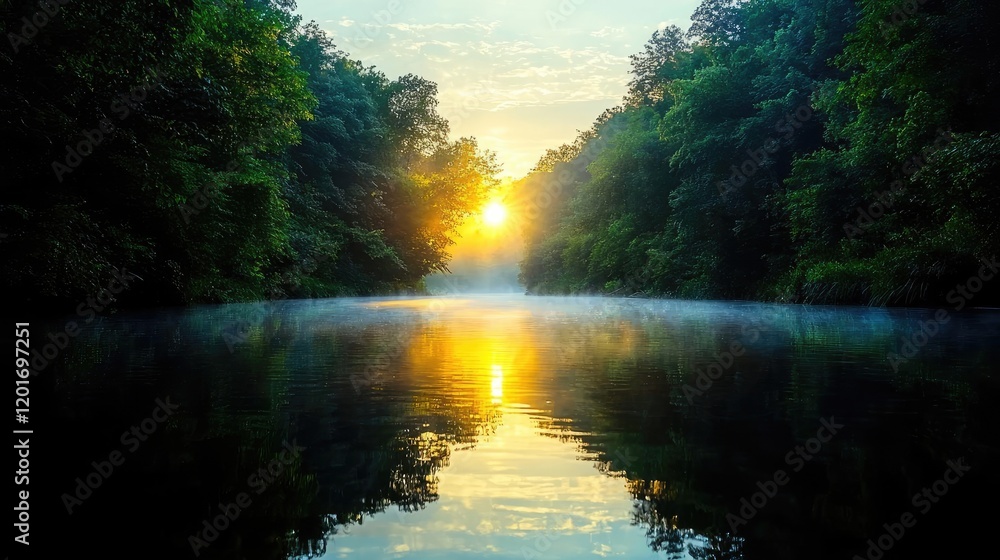 Fototapeta premium Sunrise over calm river in misty forest. Peaceful nature scene for travel brochures