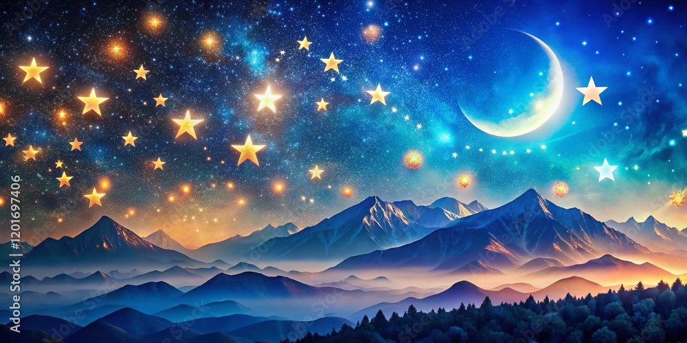 Fototapeta premium Whimsical Starry Night Sky with Blue Mountain Background - Dreamy Celestial Pattern