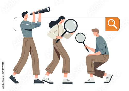 A minimalist flat vector illustration of three people actively searching for information. person is using a telescope a magnifying glass. For concepts research, online search, teamwork, and analysis.
