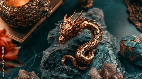 Golden dragon statue with gemstones on a dark surface