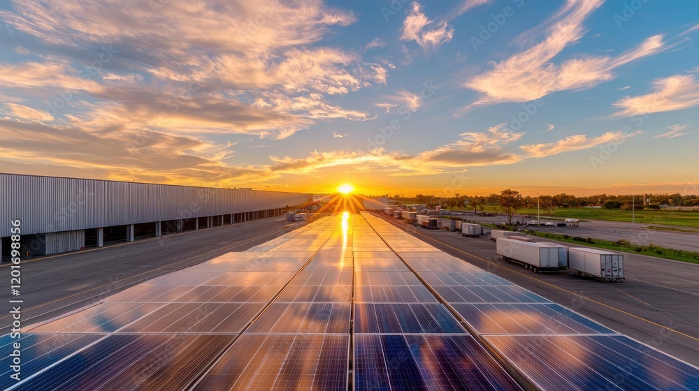 Fototapeta premium Sunset over solar panels at logistics center