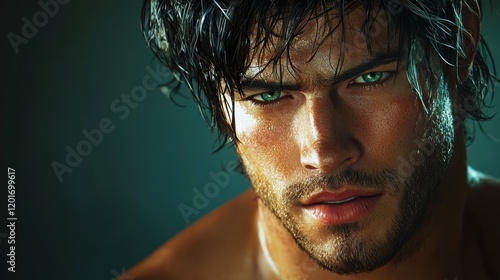 Close-up portrait of a handsome man with intense green eyes and wet hair.