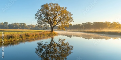 A mirror image of a tree standing tall beside a river, with its reflection perfectly aligned in the still water.