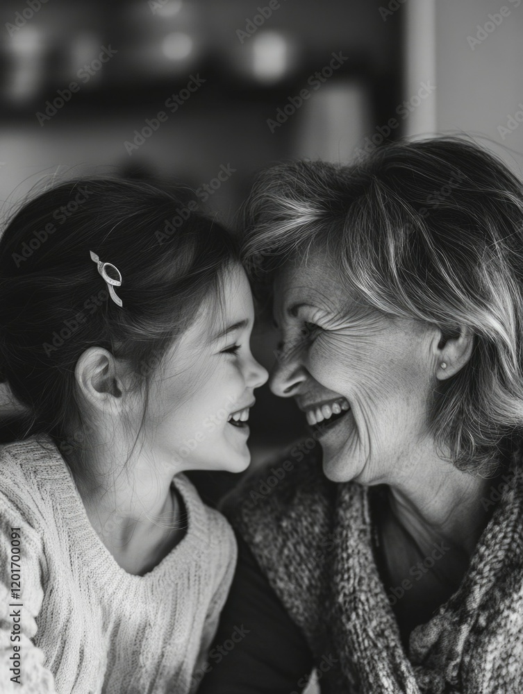 Fototapeta premium Heartwarming Intergenerational Moment, Grandmother and Child Sharing Joyful Smiles in a Cozy Kitchen.