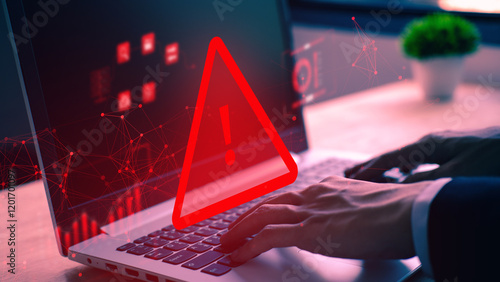 System hacked warning alert on notebook during cybersecurity risks in office environment focusing on digital security measures and threat awareness photo