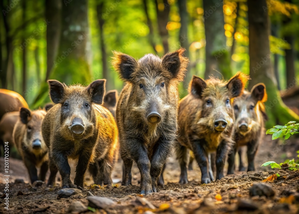 Wild Boar Family Foraging in Lush Forest - Stock Photo Wild Boar Family Foraging in Lush Forest - Stock Photo