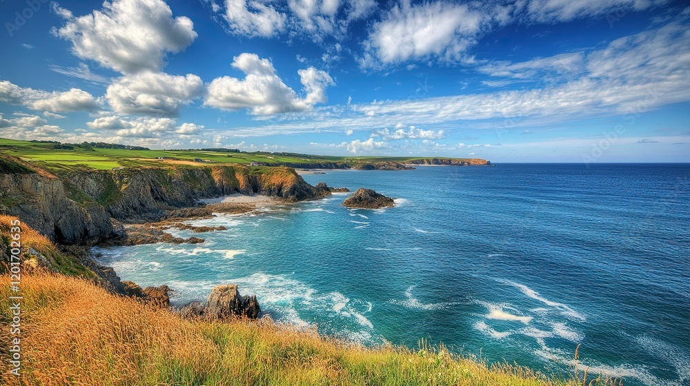 Fototapeta premium Coastal view, cliffs, ocean, sunny day, farmland background, travel postcard