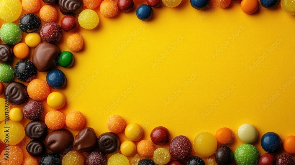 Fototapeta premium Colorful candies frame on yellow background.