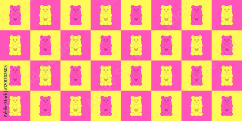 Neon colored seamless pattern with gummy bear character. Checkered marmalade teddy print. Pink and yellow background for fabric, textile, wrapping paper, cover, backdrop, wallpaper. 