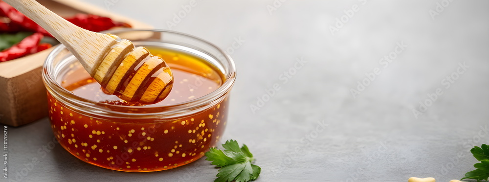 Fototapeta premium Jar of hot honey and dried chili peppers on grey background