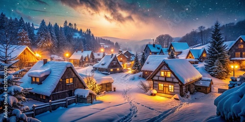 Winter Christmas Background: Snowy Village at Dusk, Documentary Style photo