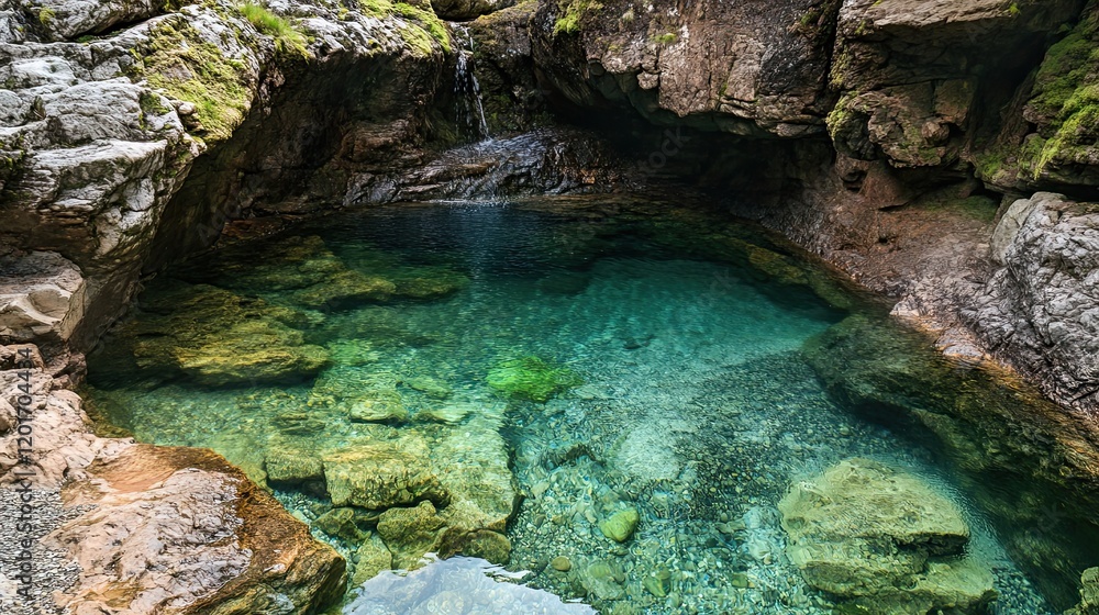 Crystal-clear mountain pool, cascading waterfall, rocky gorge, nature background, travel imagery Crystal-clear mountain pool, cascading waterfall, rocky gorge, nature background, travel imagery